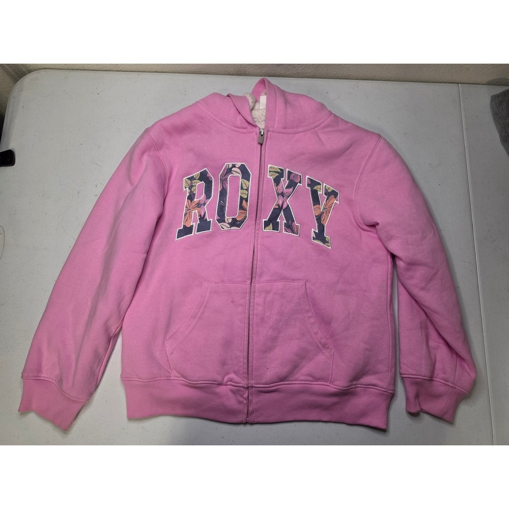 Roxy Girls Pink Sherpa Lined Full Zip Hoodie Floral Logo Sweatshirt Size L 14/16